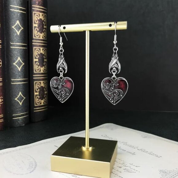 Private Label Jewelry - NEW Belinda Gothic Silver Plated Ornate Red Heart Drop Earrings